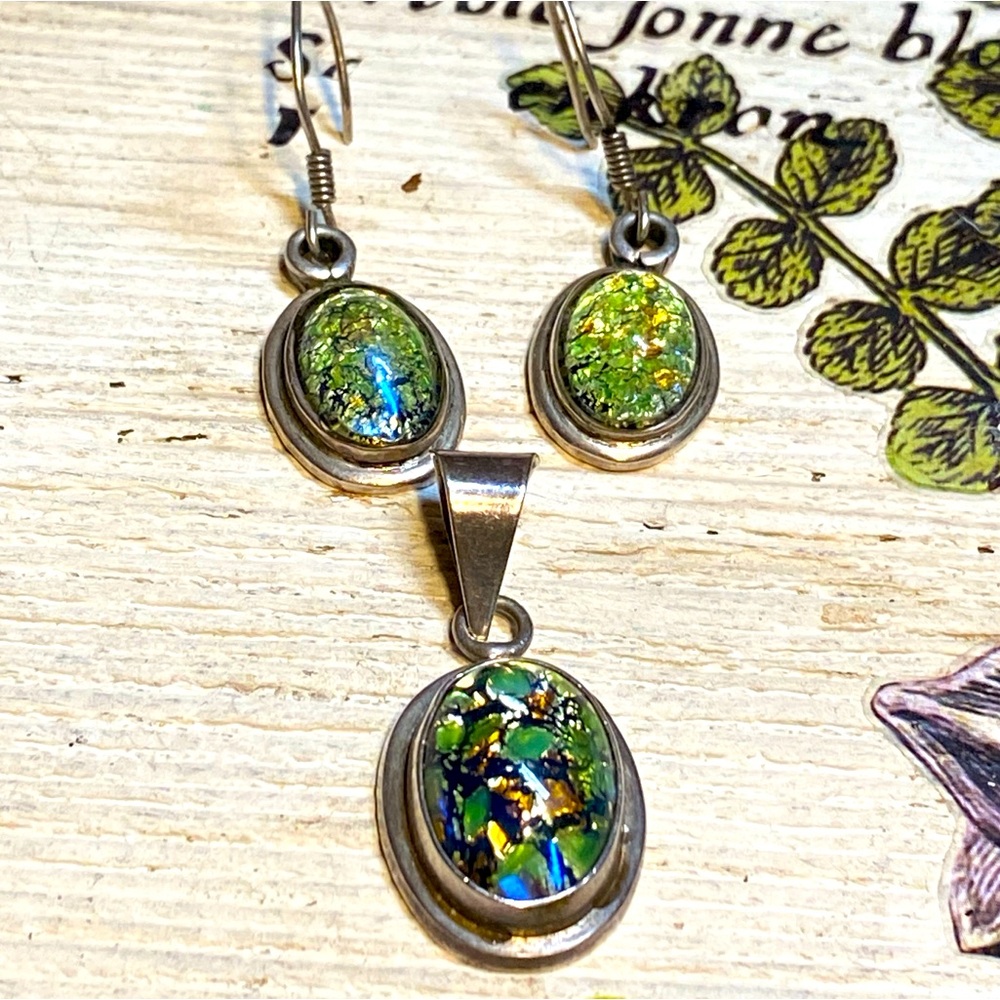 🍇 Vintage Pendant & Earring Set Mexico 925 Sterling Silver & Dichroic Jewelry